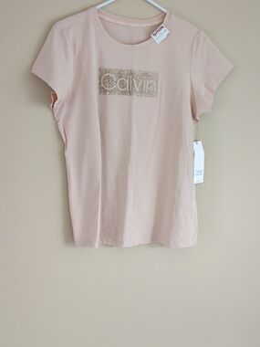 NWT Medium Calvin Klein Short Sleeve Blush Tee T-shirt Top Spellout Rhinestone